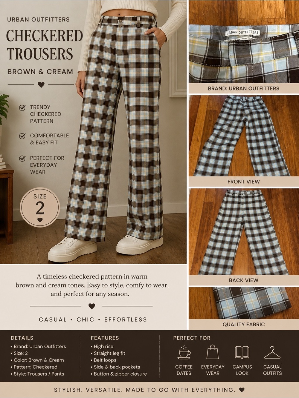 Urban Outfitters Checkered Trousers Size 2 Brown Cream Plaid Straight Leg Pants - Picture 1 of 10